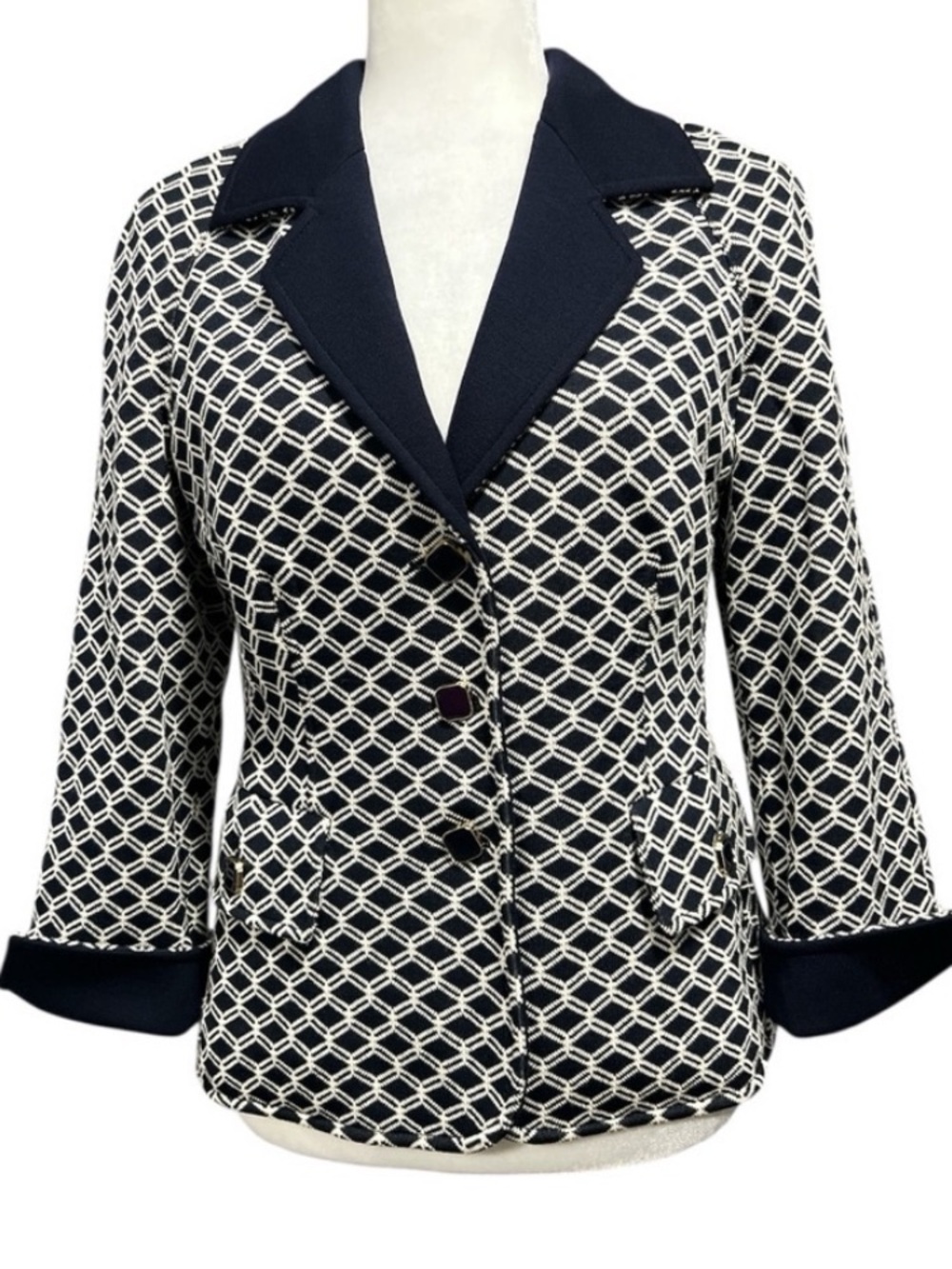 Luisa Spagnoli Navy and White Geometric Patterned Knit Blazer Size XL